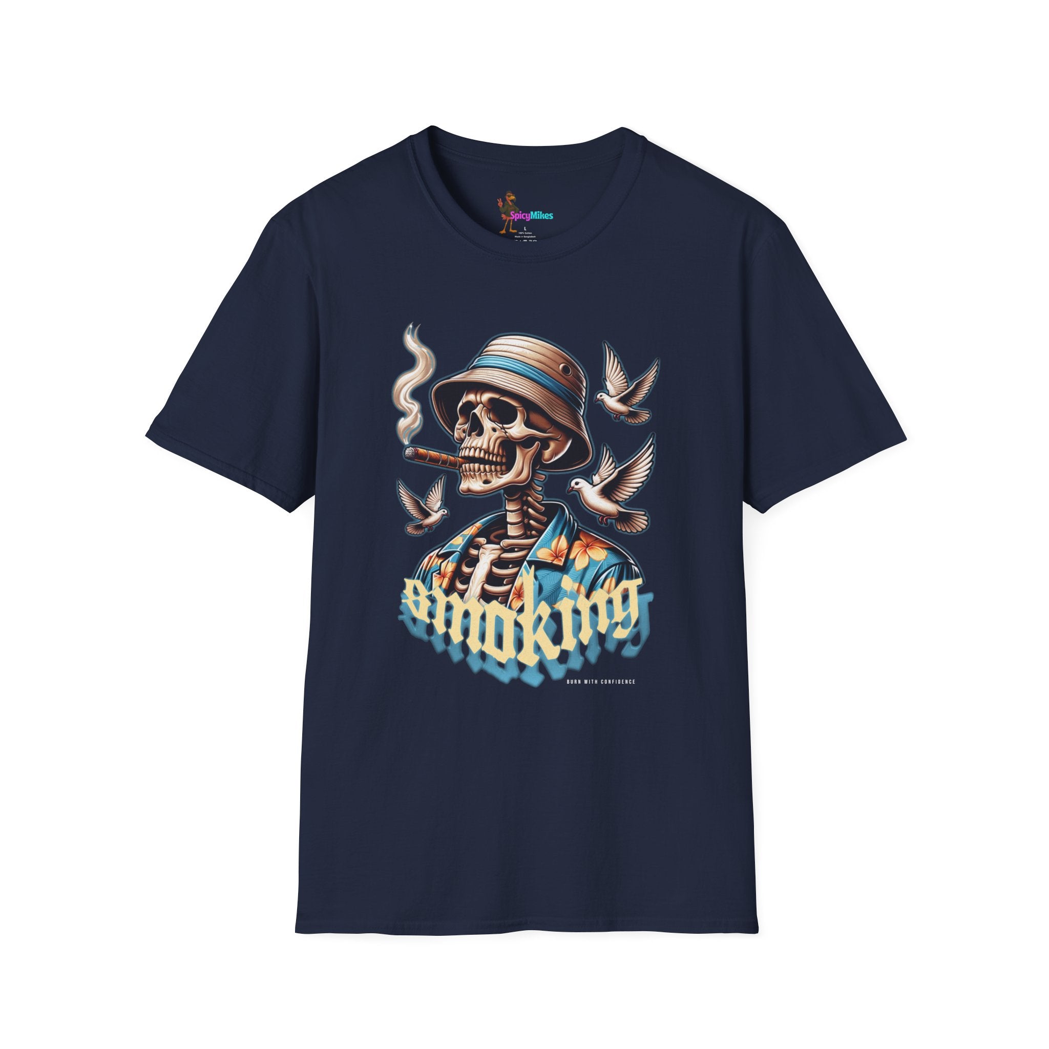 Smoking Skull "Burn With Confidence" Graphic Tee — Retro Skeleton Smoking Design