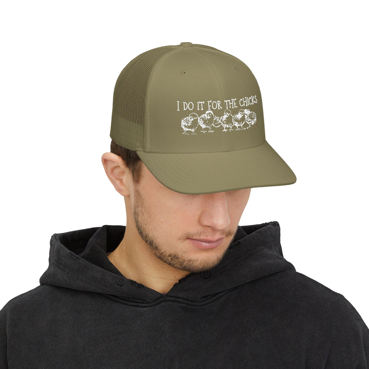 "I Do It For The Chicks" Embroidered Mesh Snapback Trucker Cap