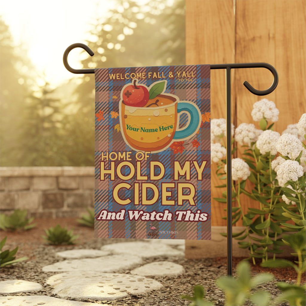 "Home of Hold My Cider" Brown/Blue Plaid Fall Welcome Banner (Custom Name) Garden Flag —