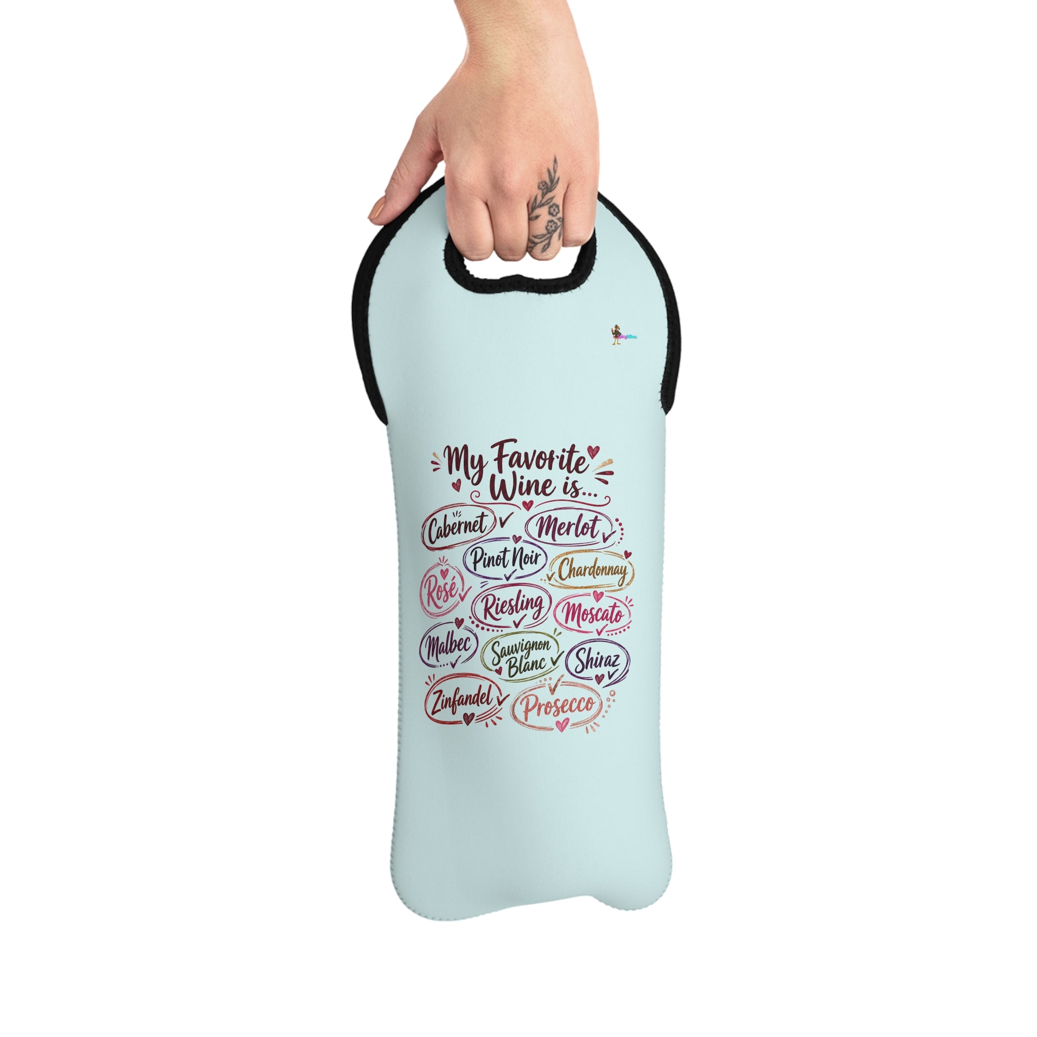 Wine Tote Bag Blue — "My Favorite Wine Is..." Neoprene Bottle Carrier (Cabernet, Merlot, Pinot Noir, Chardonnay)