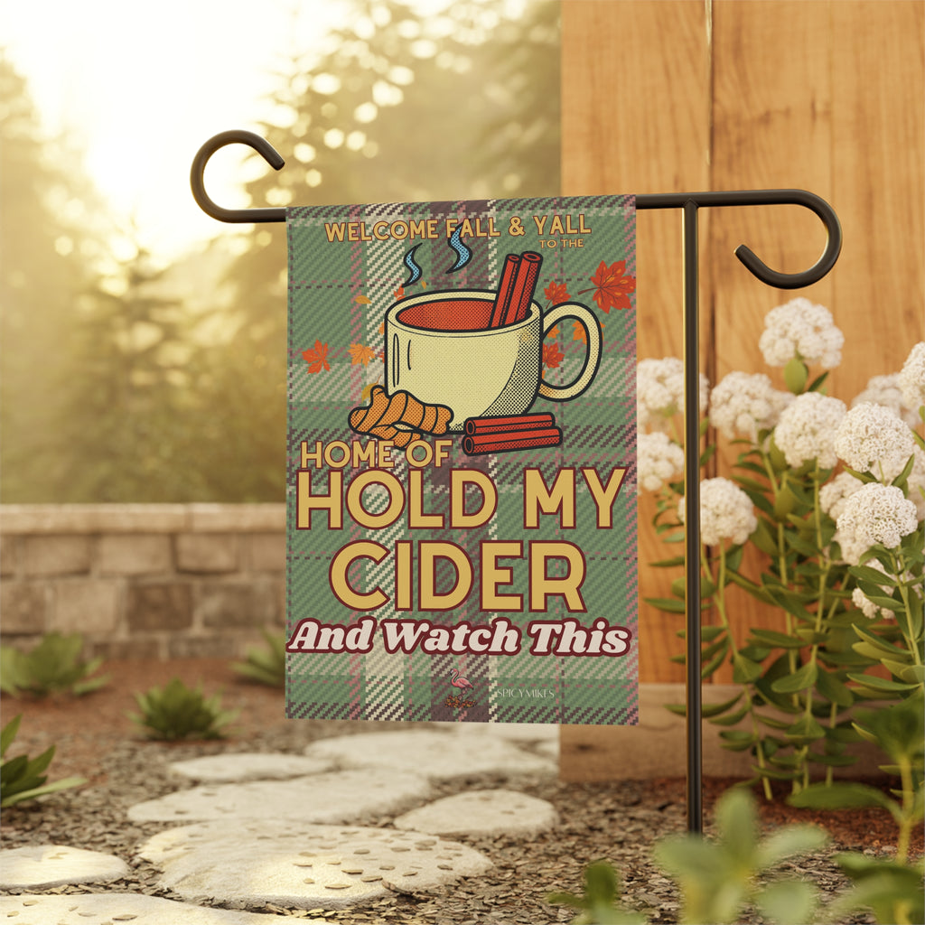 "Home of Hold My Cider" Green Plaid Fall Welcome Banner Garden Flag —