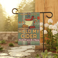 "Home of Hold My Cider" Green Plaid Fall Welcome Banner Garden Flag —